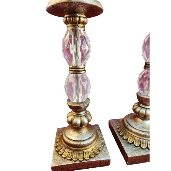 Set Of 2  Gold & Acrylic Crystal Candle Holders With Ornate Resin Bases 12 & 15 - Picture 7 of 14